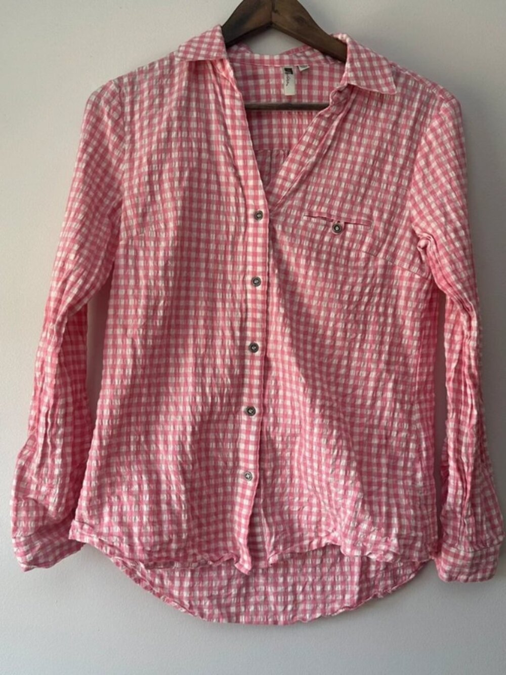 KUT from the Kloth Women’s Small Pink White Gingham Seersucker Button Down Shirt